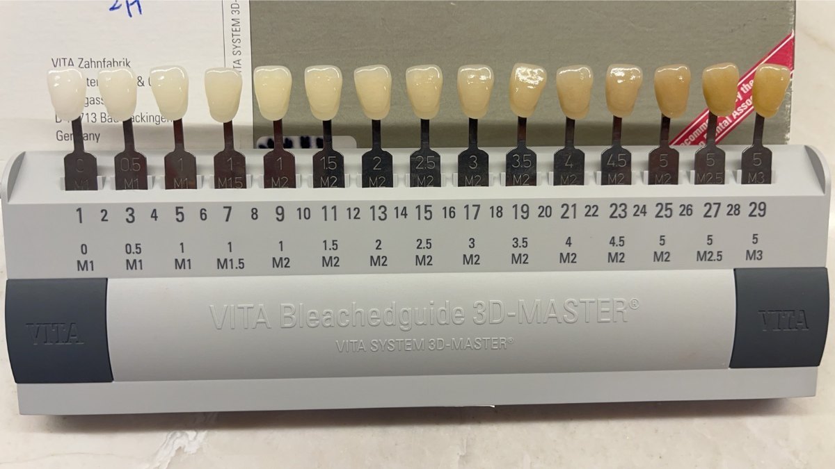 裕見美診間實際使用的 VITA 比色板，用於牙齒美白療程前後的齒色紀錄